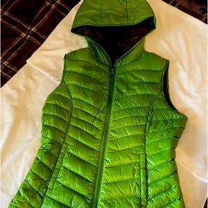 Green down vest with hood